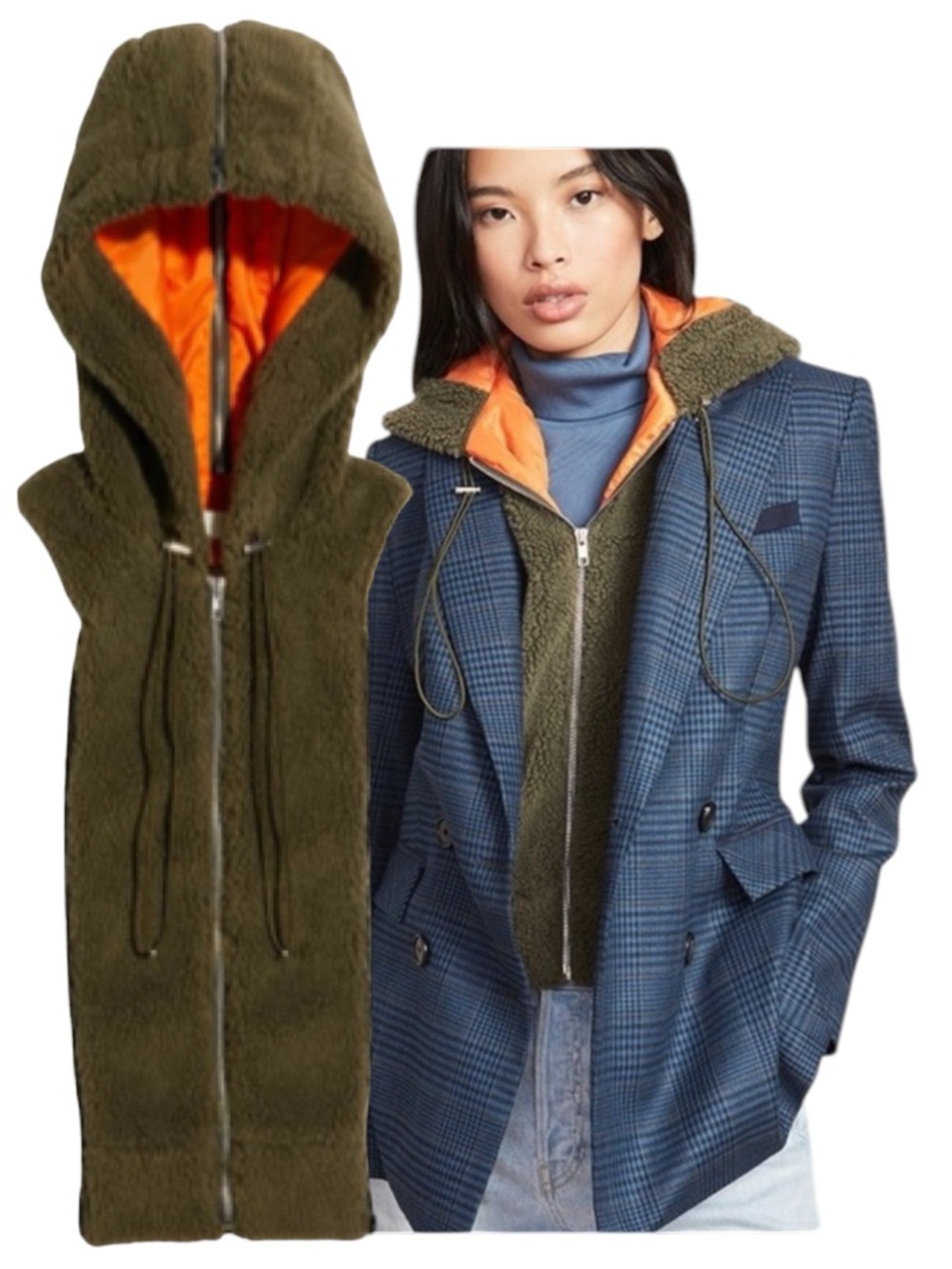 VERONICA BEARD Oakleigh Green Fleece Dickey Vest with Orange Lining